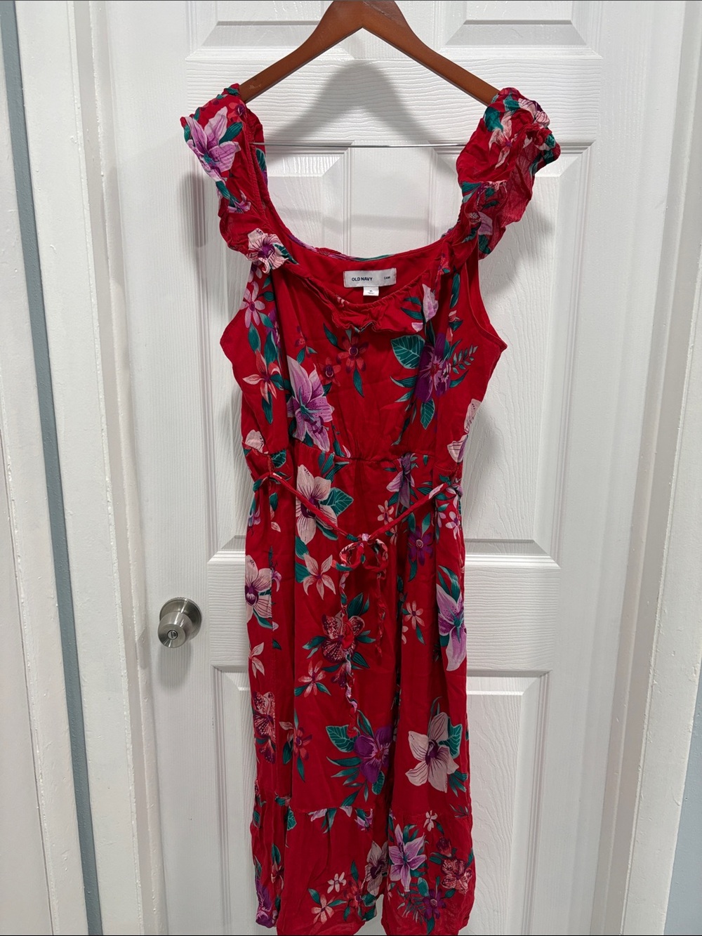 Old Navy Red and Purple Floral Midi Dress with Ruffled Straps and Tie Waist